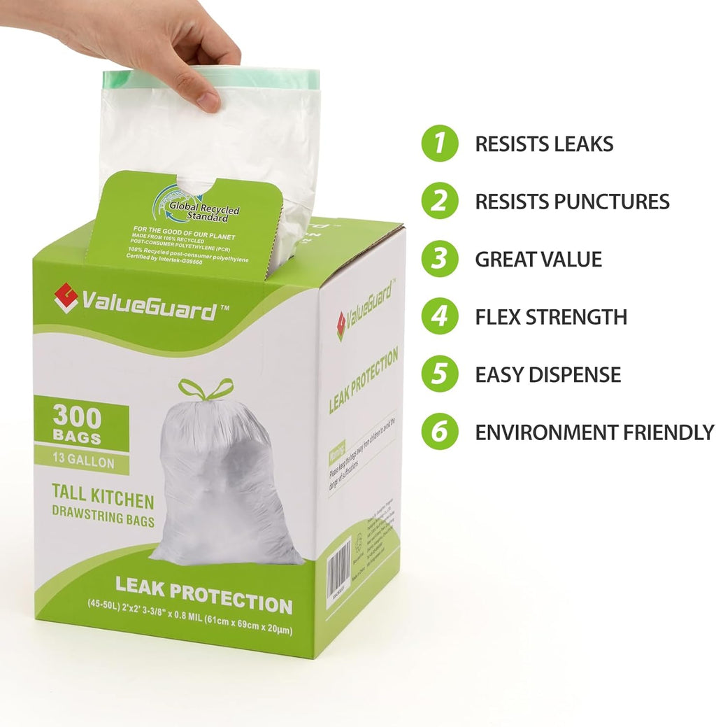 Large Trash Bag 13 Gallon Tall Drawstring 100% Post-Consumer Recycled Garbage Bag Waste Bag for Kitchen Office 0.8 Mil (300 Count)