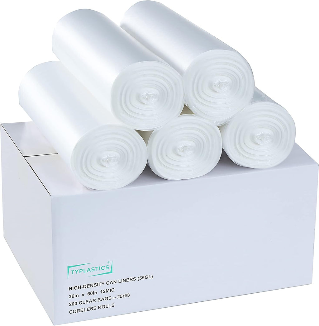TYPLASTICS 55 Gallon Clear Trash Can Liners - 36" x 60" - High Density Garbage Bags - Case of 200 - Multipurpose for Office, Outdoor, Recycling, Industrial and Commercial