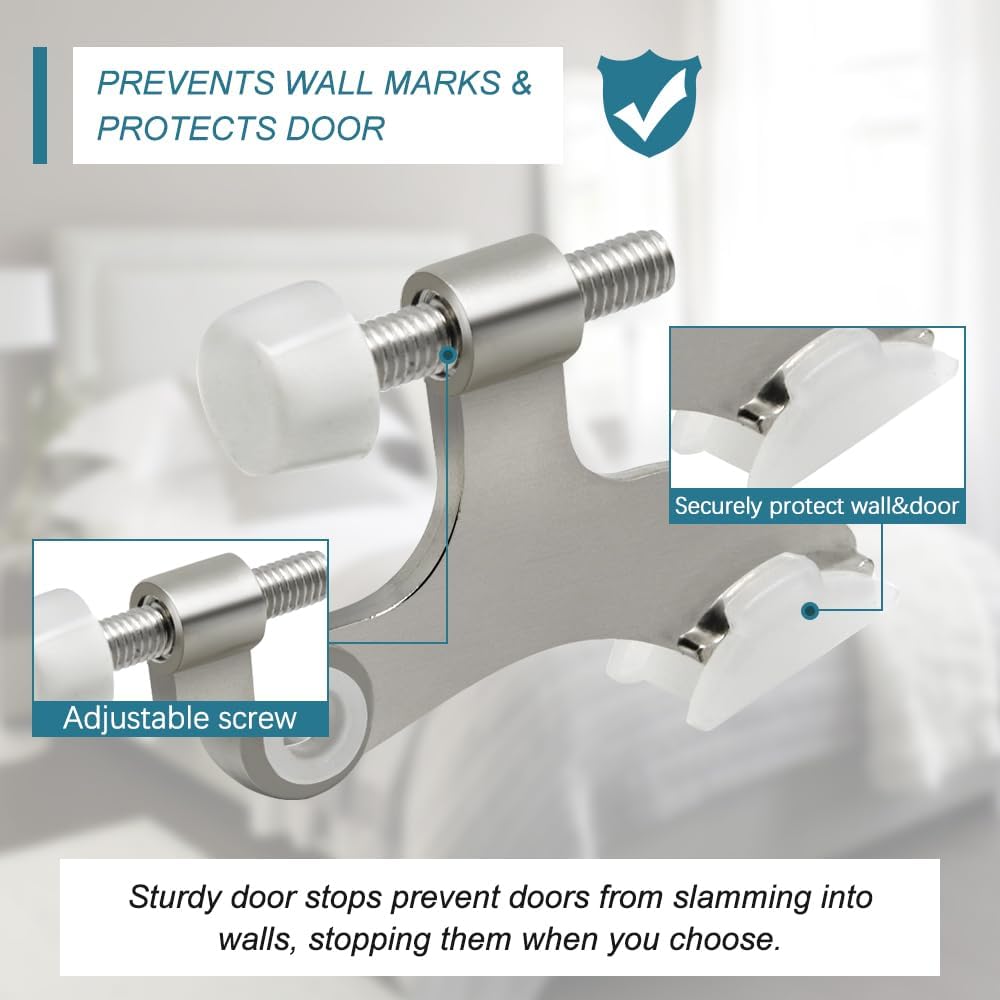 8 Pack Hinge Pin Brushed Nickel Door Stopper, Adjustable Heavy Duty Hinge Pin Door Stop with Rubber Bumper Tips