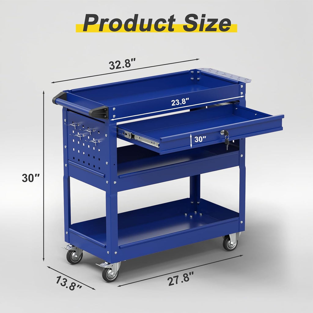 3-Tier Rolling Tool Cart with Drawers, Heavy Duty Utility Storage Cart with pegboard, Lockable Metal Tool Chest on Wheels for Garage, Warehouse & Repair Shop