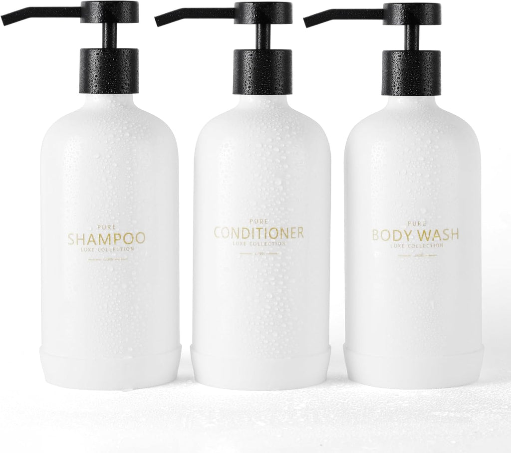 Shampoo and Conditioner Dispenser Set of 3,Refillable 21oz Shampoo Bottles with Non-Slip Protective Silicone Pad,Shower Soap Dispenser with Waterproof Labels for Bathroom (White)