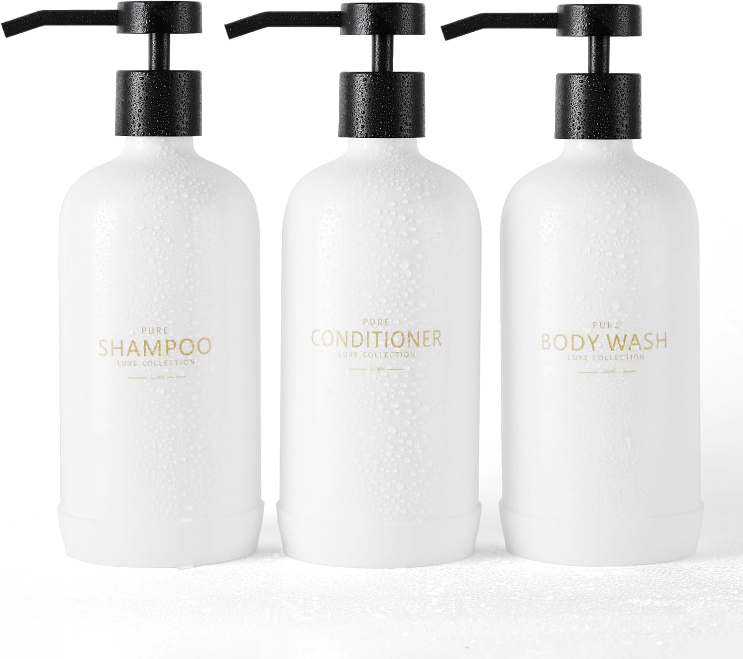 Shampoo and Conditioner Dispenser Set of 3,Refillable 21oz Shampoo Bottles with Non-Slip Protective Silicone Pad,Shower Soap Dispenser with Waterproof Labels for Bathroom (White)