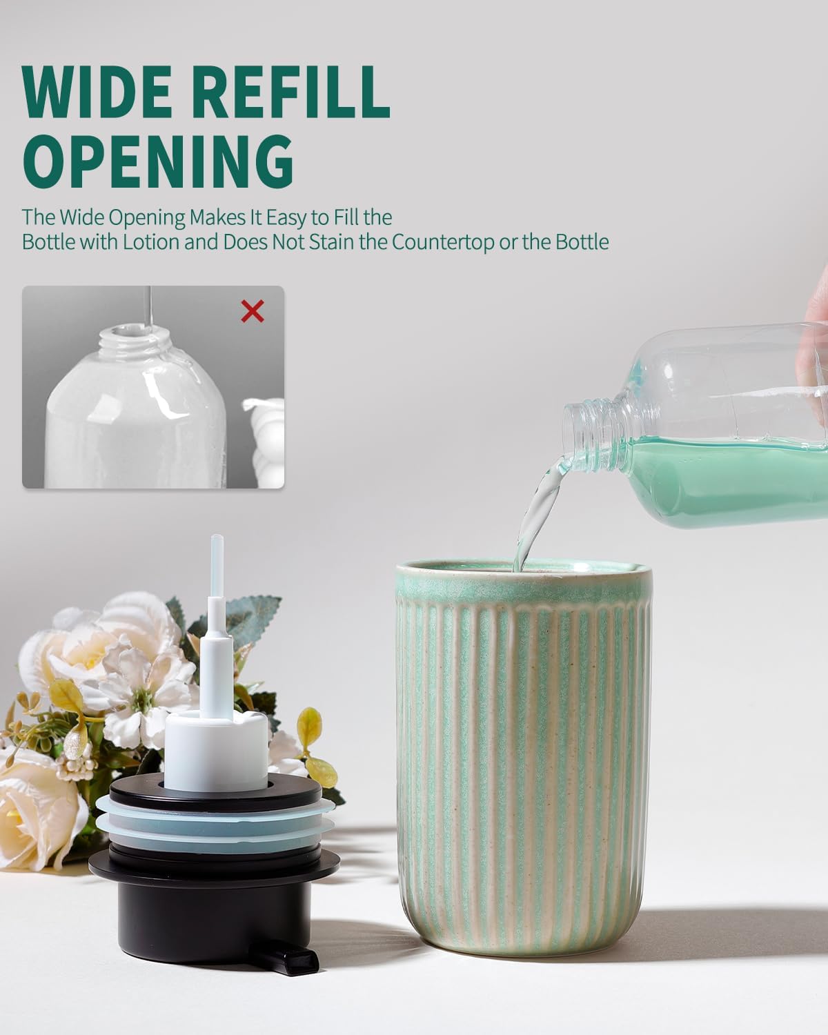 BosilunLife Foam Hand Soap Dispenser - Ceramic Foaming Soap Dispenser for Bathroom 12oz Refillable Liquid Lotion Soap Dispenser with Rust-Proof Foaming Pump for Countertop (Light Green)