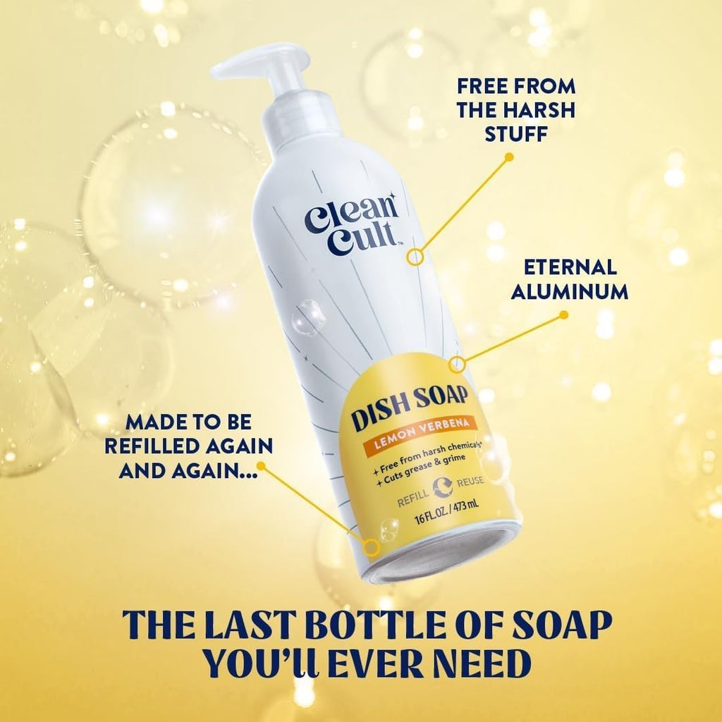 Bundle of Cleancult Dish Soap Liquid Refills (32oz, 1 Pack) - Lemon Verbena + Cleancult - Lemon Verbena - Liquid Dish Soap - Refillable Aluminum Bottle - 16 oz