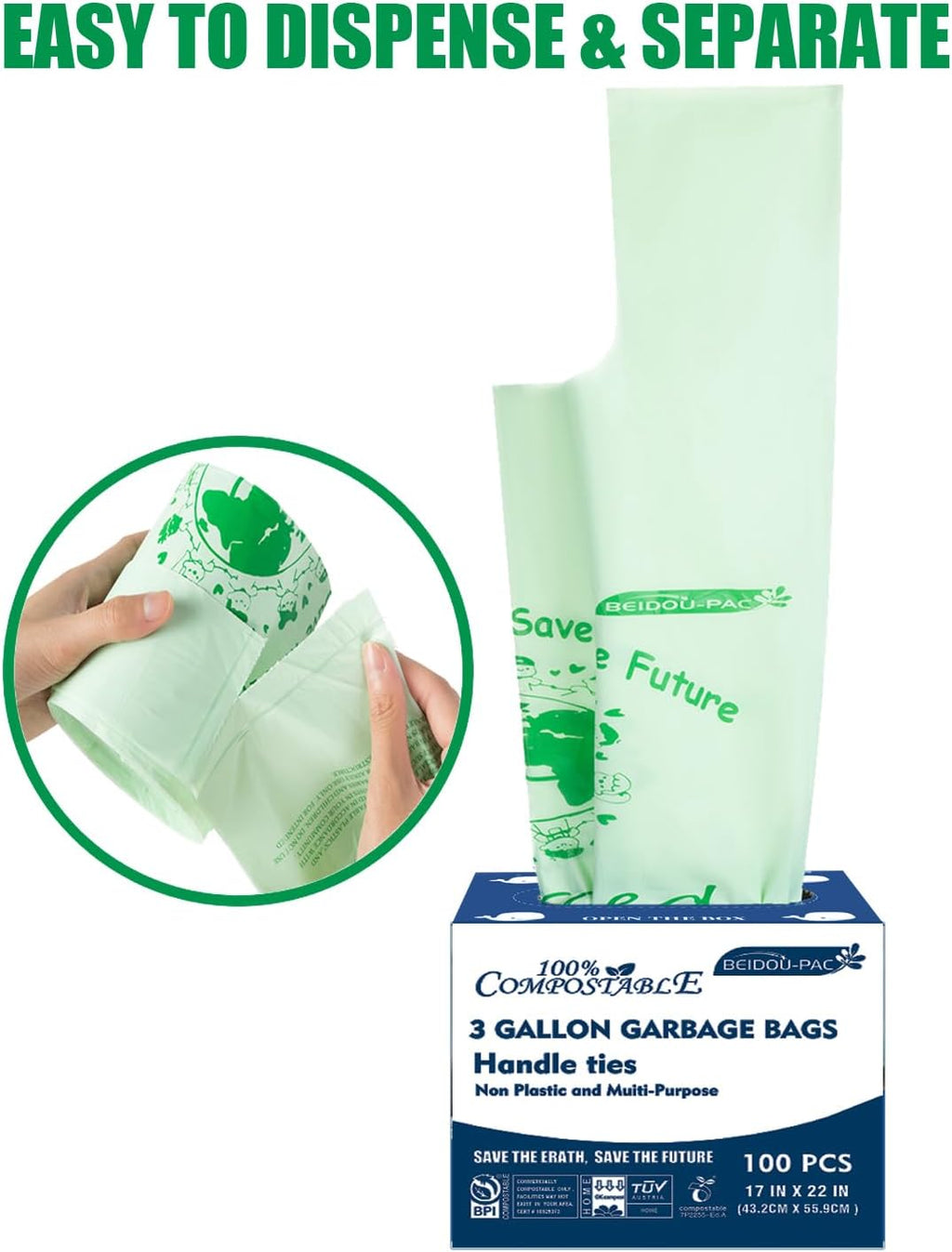 100% Compostable Trash Bags, 3 Gallon Compost Bags Small Kitchen Trash Bags with Handle, 100 Count Sturdy Biodegradable Garbage Bags Food Scrap Waste Bags, ASTM D6400, US BPI Certified