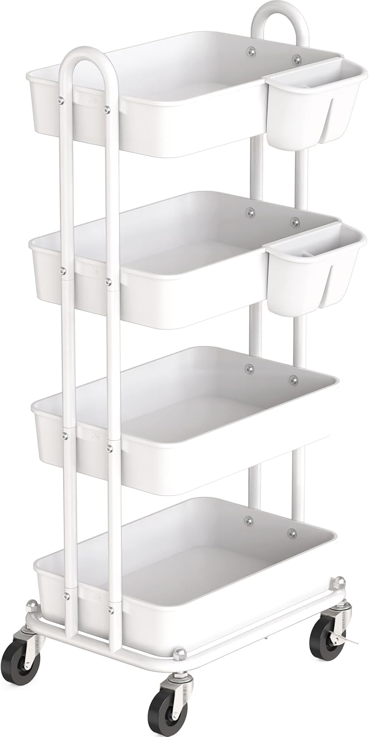 Simple Houseware 4-Tier Multifunctional Rolling Utility Cart with Hanging Buckets, White