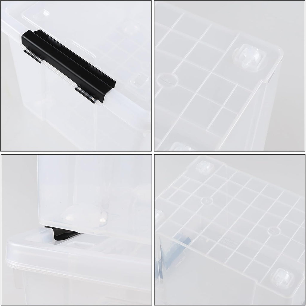 35 Quart Latching Storage Box with Wheels, See-Through Base Plastic Container Bins with Secure Latching Lid, Black Latch, (4-Pack)