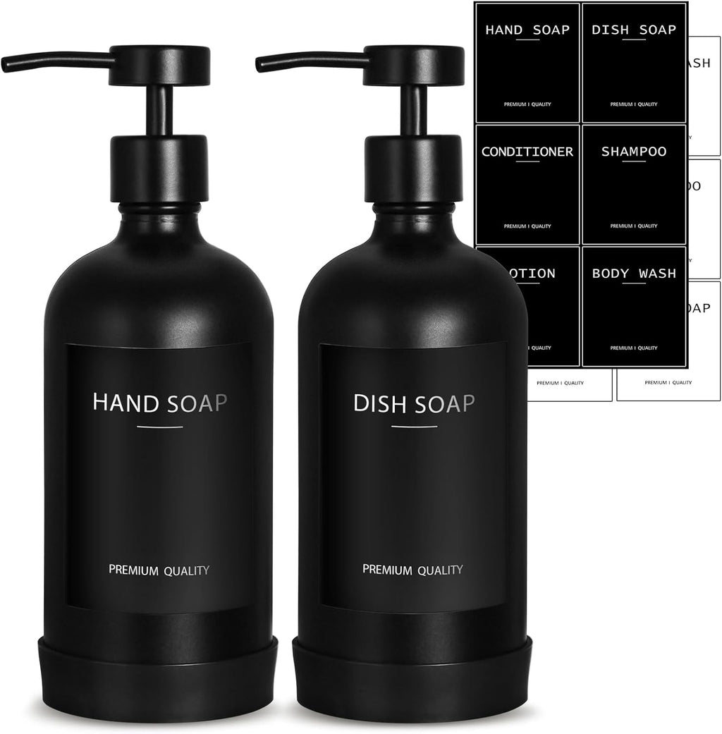 Black Glass Soap Dispenser with Stainless Steel Pump, 16.9 Fl oz Soap Dispenser Set for Kitchen, Matte Black Hand Dish Soap Dispensers for Kitchen and Bathroom, Lotion Dispenser Bathroom Decor