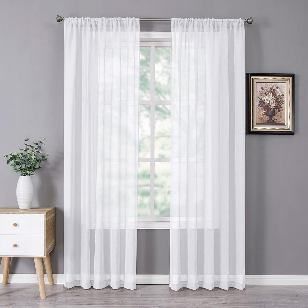Tollpiz Sheer Curtain Linen Textured Living Room Curtains Sheer Light Filtering Rod Pocket Voile Curtain for Bedroom, 54 x 72 inches Long, White, Set of 2 Panels