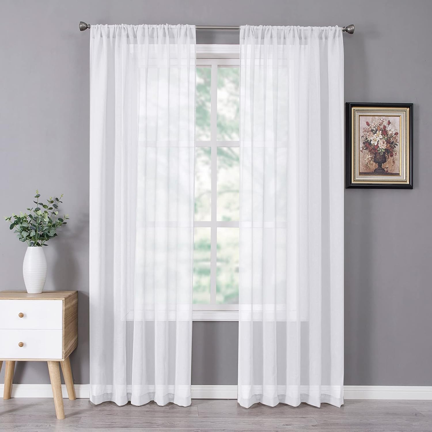 Tollpiz Sheer Curtain Linen Textured Living Room Curtains Sheer Light Filtering Rod Pocket Voile Curtain for Bedroom, 54 x 72 inches Long, White, Set of 2 Panels
