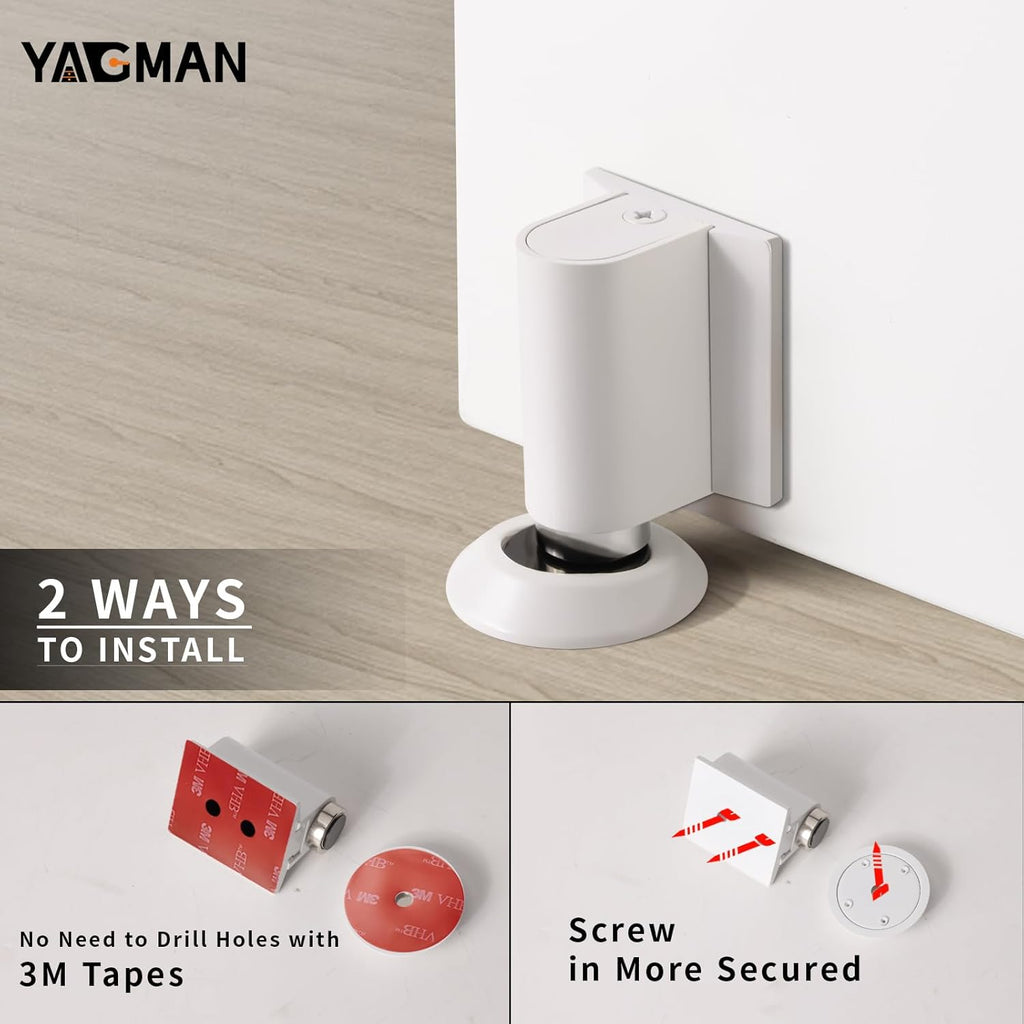 3 Pack Magnetic Door Stoppers Retractable Bottom of Door Holder No Drilling Mount Floor Door Stop with Screws and Adhesive Catch Door Keep Door Open White WT-3