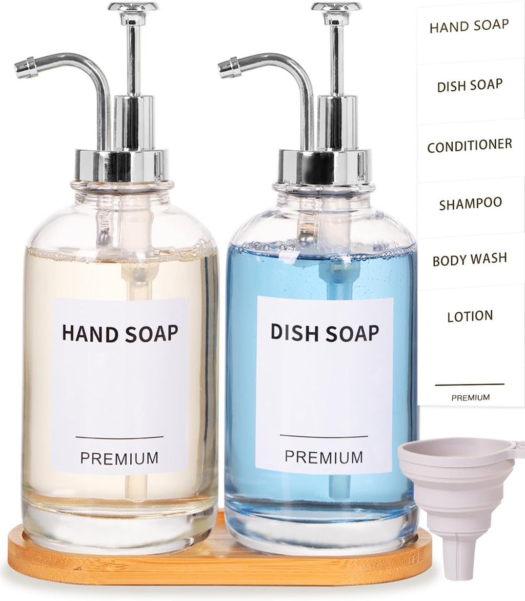 Dish Soap Dispenser for Kitchen, Hand Glass Soap Dispenser Set with Pump, Tray, Funnel for Bathroom, Shower, Laundry, Liquid, Lotion (Silver 2 Pack 18 Oz Clear Bottles with 12 Stickers)