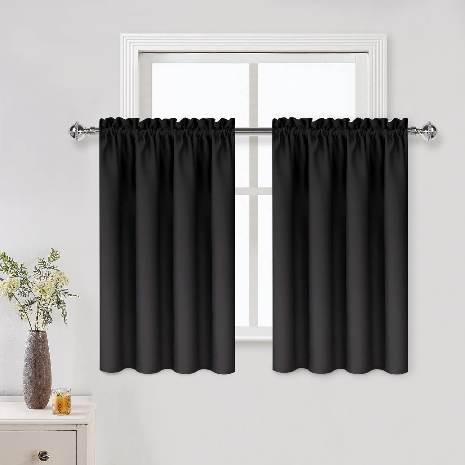 DWCN Black Short Blackout Curtains for Small Window, Thermal Insulated Energy Saving Room Darkening Curtains for Kitchen/Bedroom (W42 x L36 inch, Set of 2 Panels, Top of Rod Pocket)