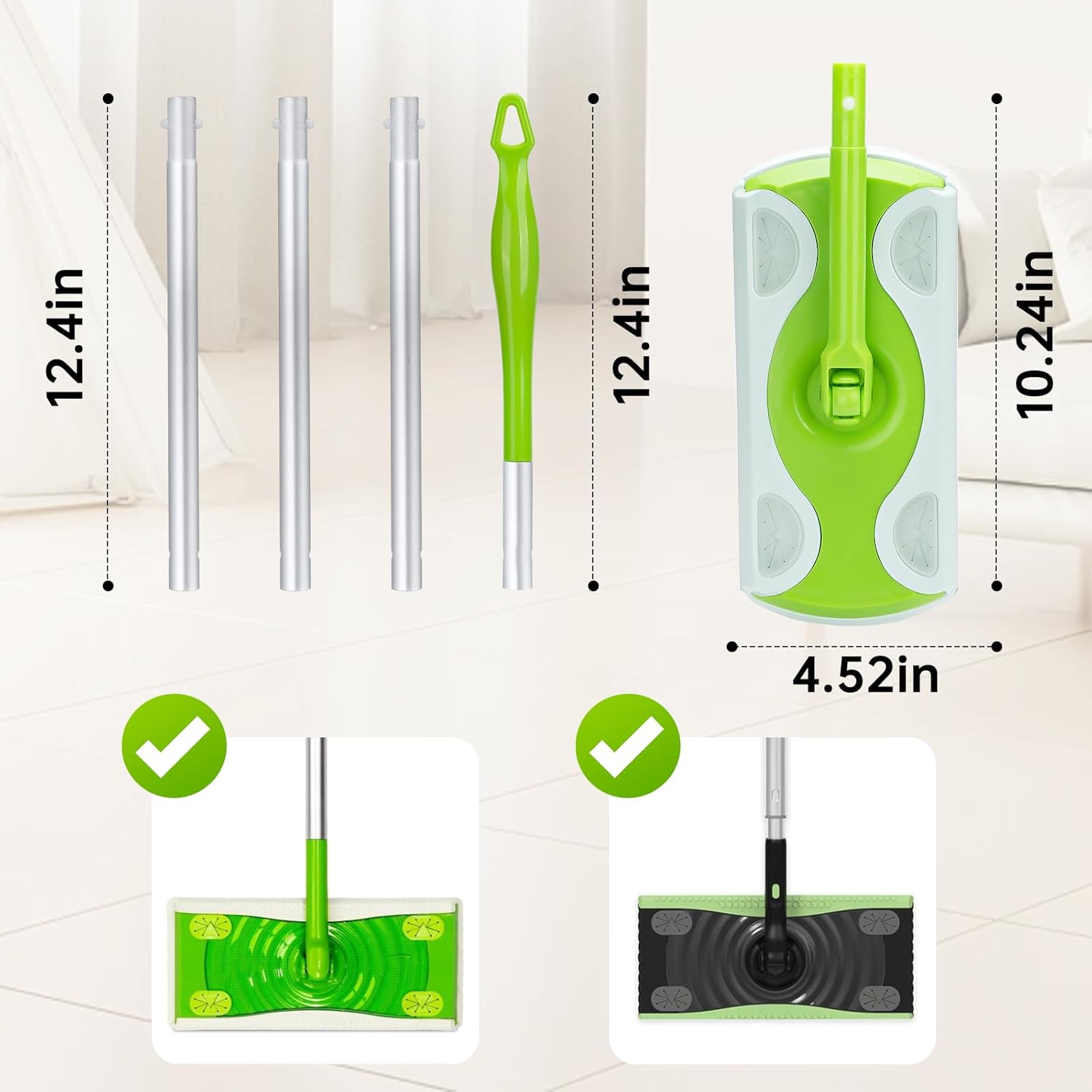 Mop Handle Compatible with Swiffer, Detachable Green Extra Long Mop Handle for Swiffer