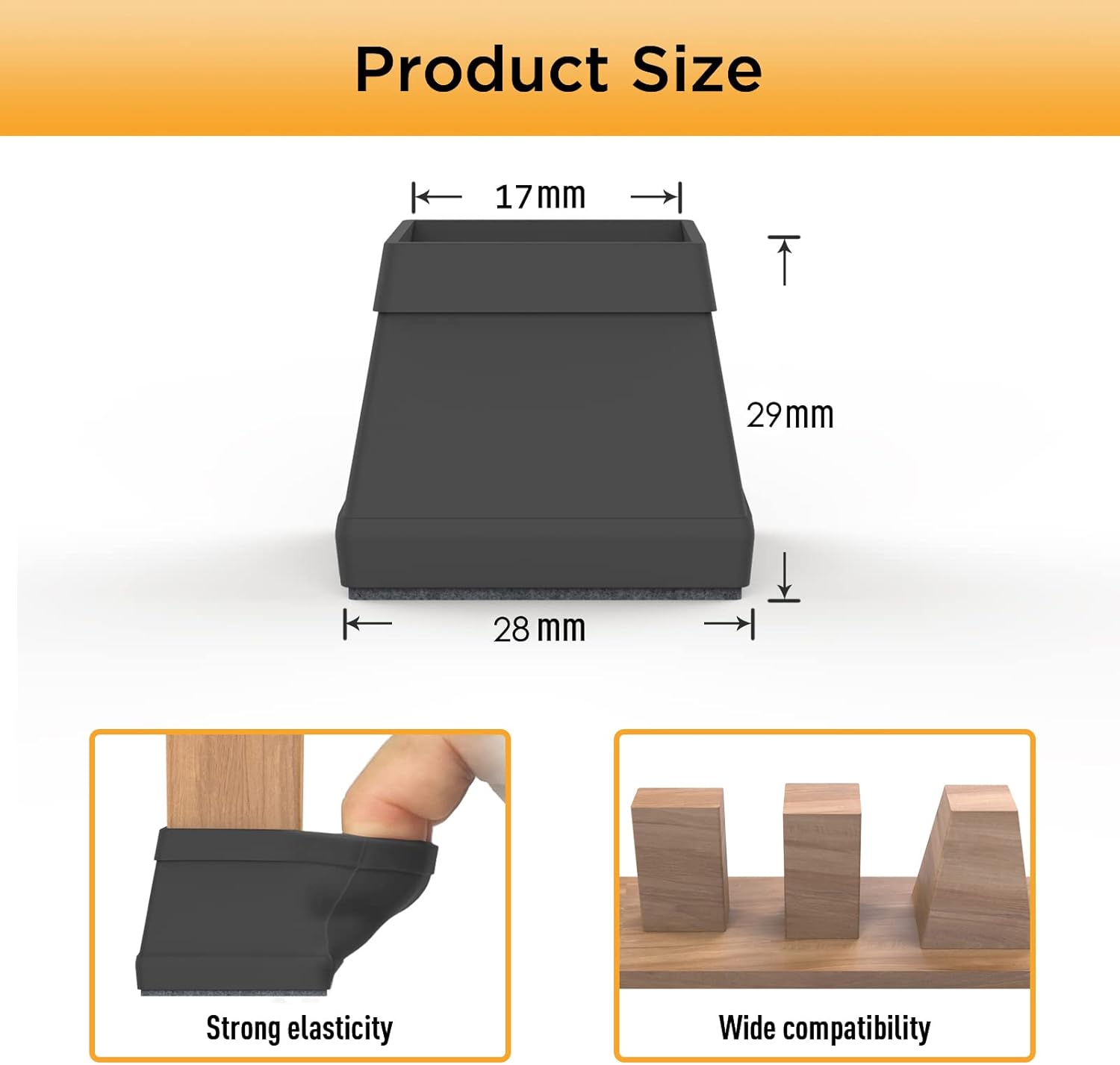 16 PCS Square Chair Leg Floor Protector, Silicone Chair Leg Cover, Furniture Leg Protectors with Felt, Mobile Table Leg pad, Protect The Floor from Scratches.1 in Black.