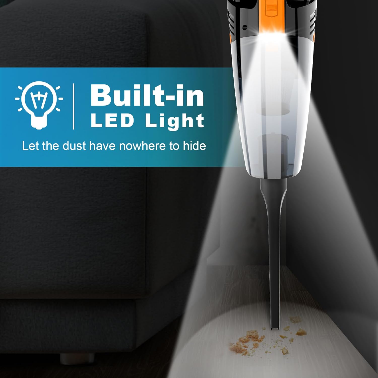 Handheld Vacuum Cordless Car Vacuum Portable with LED Light, High Power Suction, Lightweight Rechargeable Hand Vacuum, Hand Held Vacuum Cleaner for Car Home Office, Pet Hair, BlackOrange