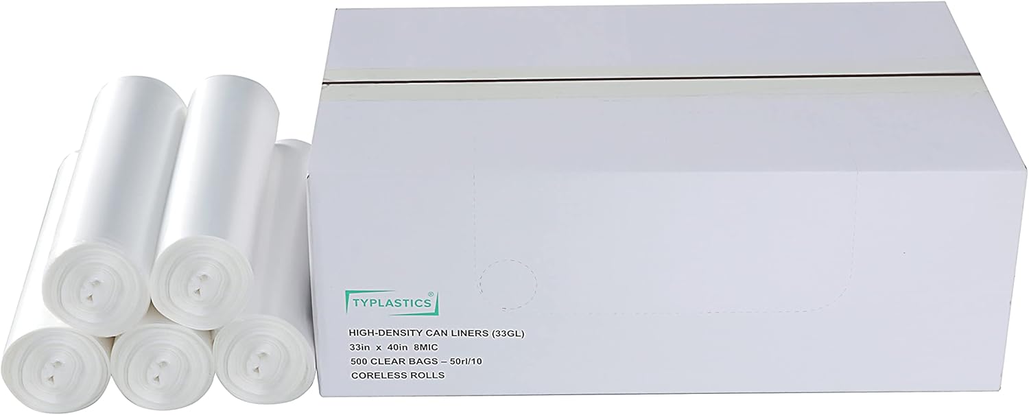 TYPLASTICS 33 Gallon Clear Trash Can Liners - 33" x 40" - High Density Garbage Bags - Case of 500 - Multipurpose for Office, Outdoor, Recycling, Industrial and Commercial