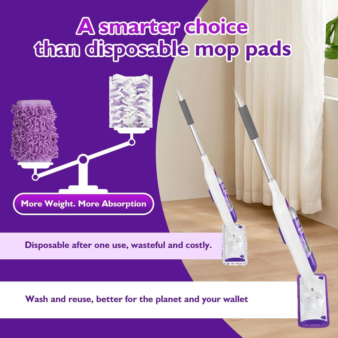 Reusable Mop Pads for Swiffer PowerMop, 8 Pack Microfiber Mop Pad Refill with Scrubber Strips for 13''-15'' SprayMop, Washable Mop Pads Use for Most Floor Types, Designed for Pets - Purple