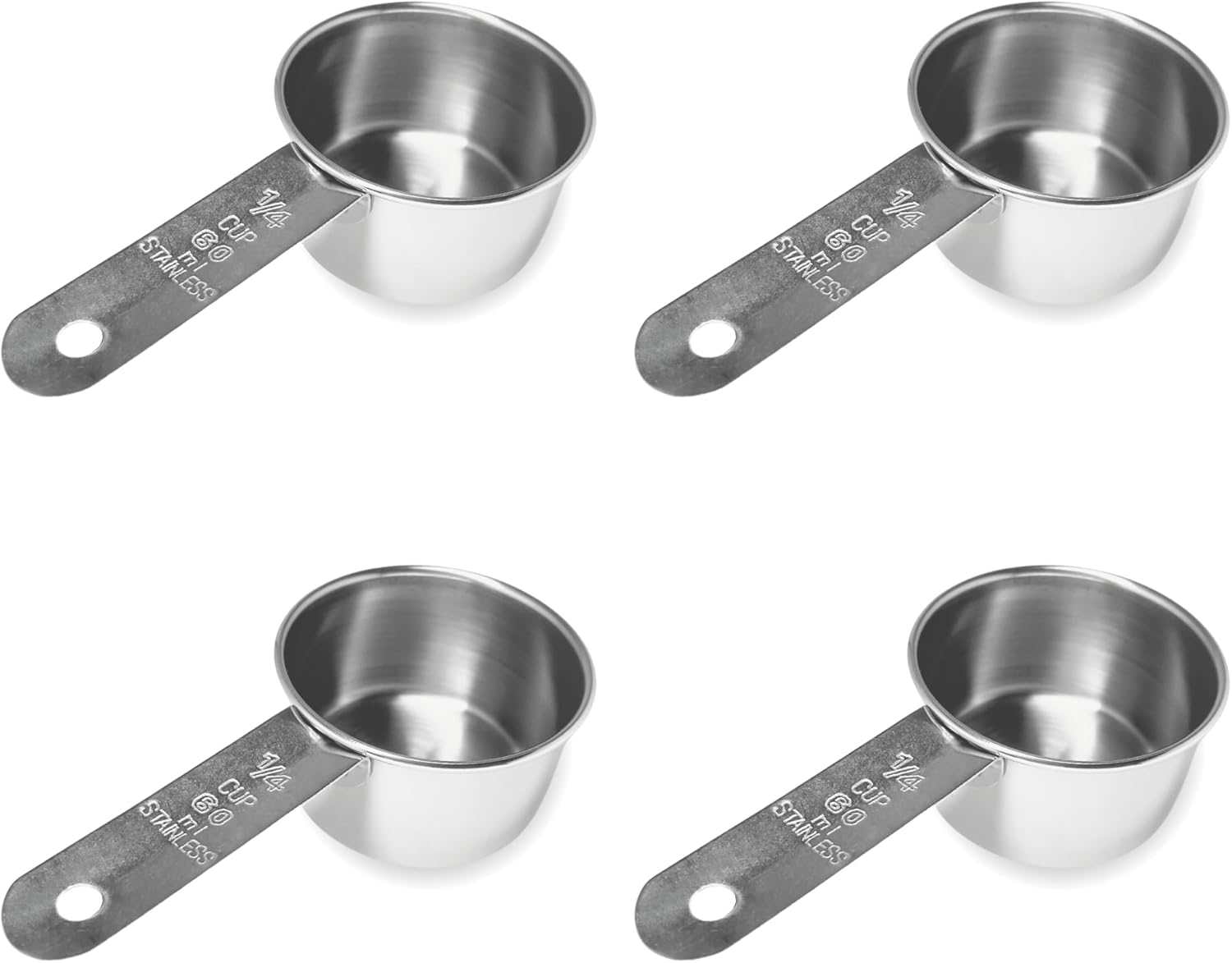 1/4 Cup Stainless Steel Measuring Cup | Sturdy Metal 60 ml | 60 cc | 2 oz | Single Cup for Wet and Dry Ingredients | Great for use as 1/4 Cup Dog Food Scoop - 4 PK
