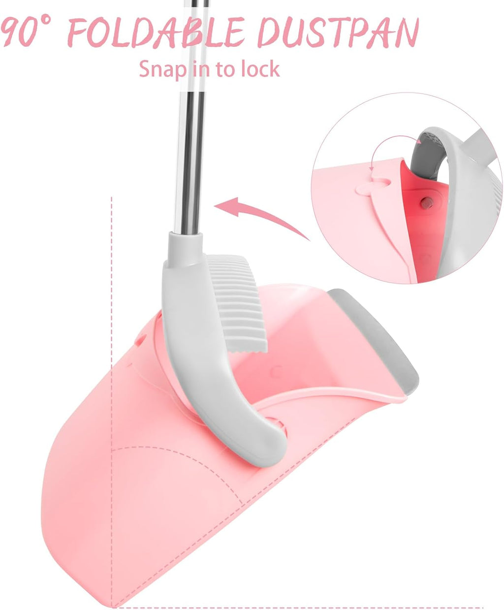 Broom and Dustpan Combo Set, Long Handle and Standing Dust Pan with Comb Teeth, Efficient Floor Cleaning for Kitchen, Outdoor, Dorm, Apartment, Office Lobby (Pink Gray)