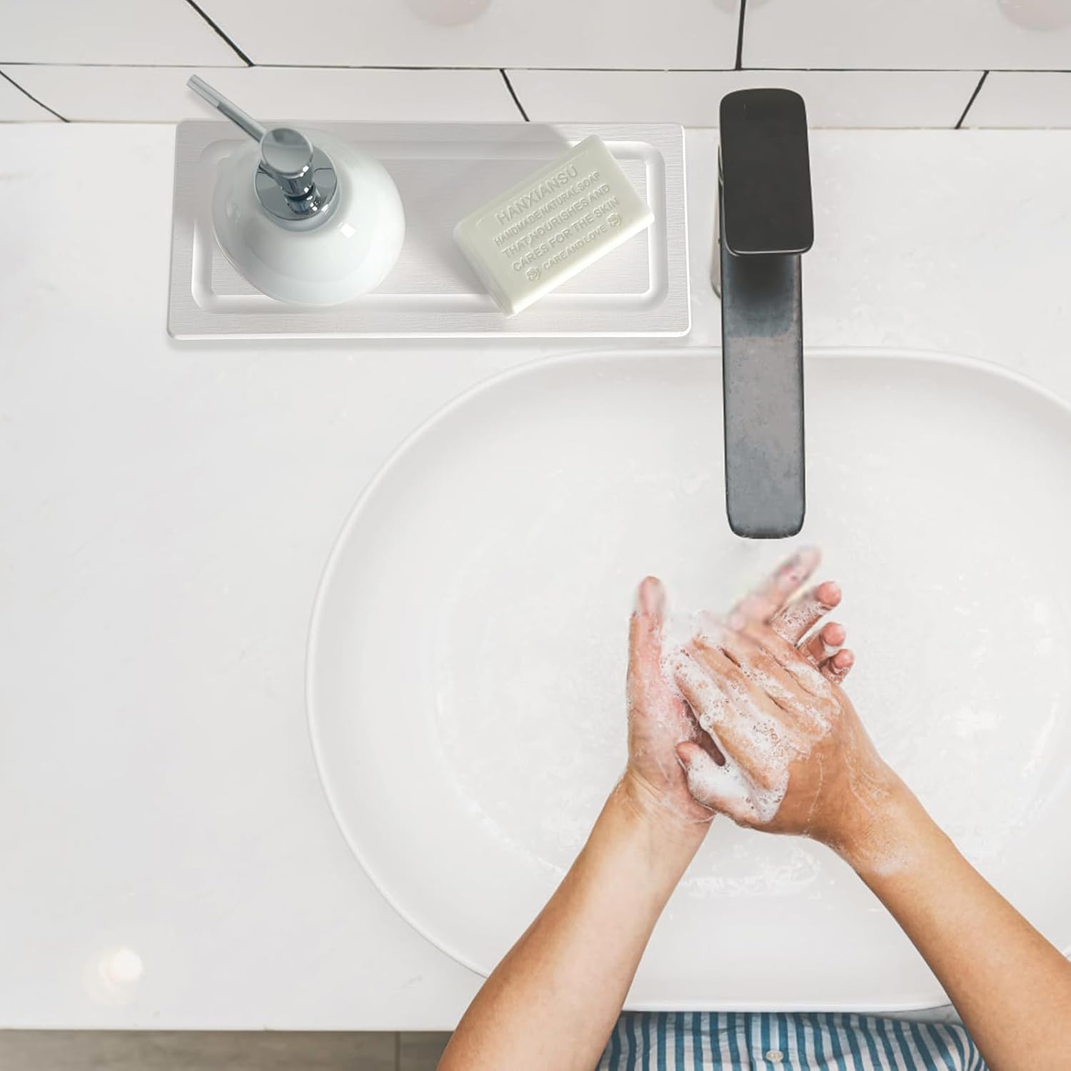 2 PCS Fast-Drying Stone Trays for Bathroom Sink & Kitchen Counter, Water Absorbing Diatomite Sink Coasters, Vanity Tray, Hand Soap Holder with Anti-Skid Pads (11" x 4.7" White)