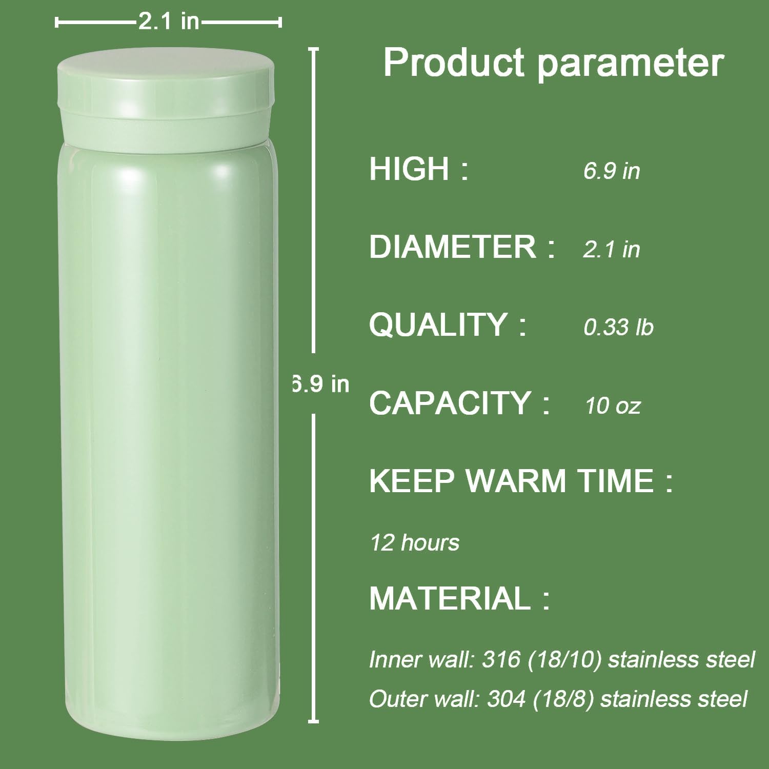 10oz Mini Water Bottle Stainless Steel Thermos Small Flask - Insulated Vacuum, Leak Proof, Keeps Drinks Hot/Cold - Ideal for Coffee, Tea, Water - Light green