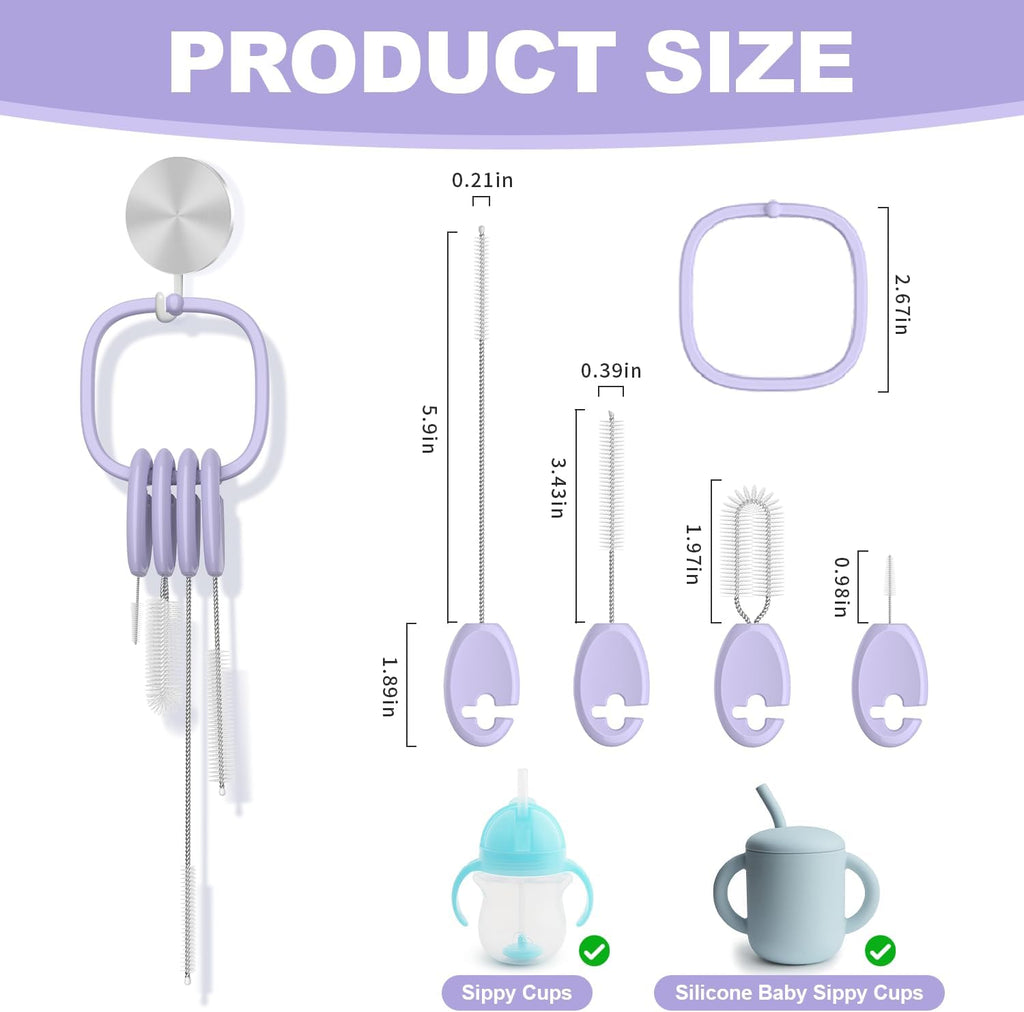 YOTIME Standing Straw Cleaner Brush Set, 4in1 Reusable Straw Brushes with Holder Ring, for Baby Bottles, Sippy Cups and Lids, Purple