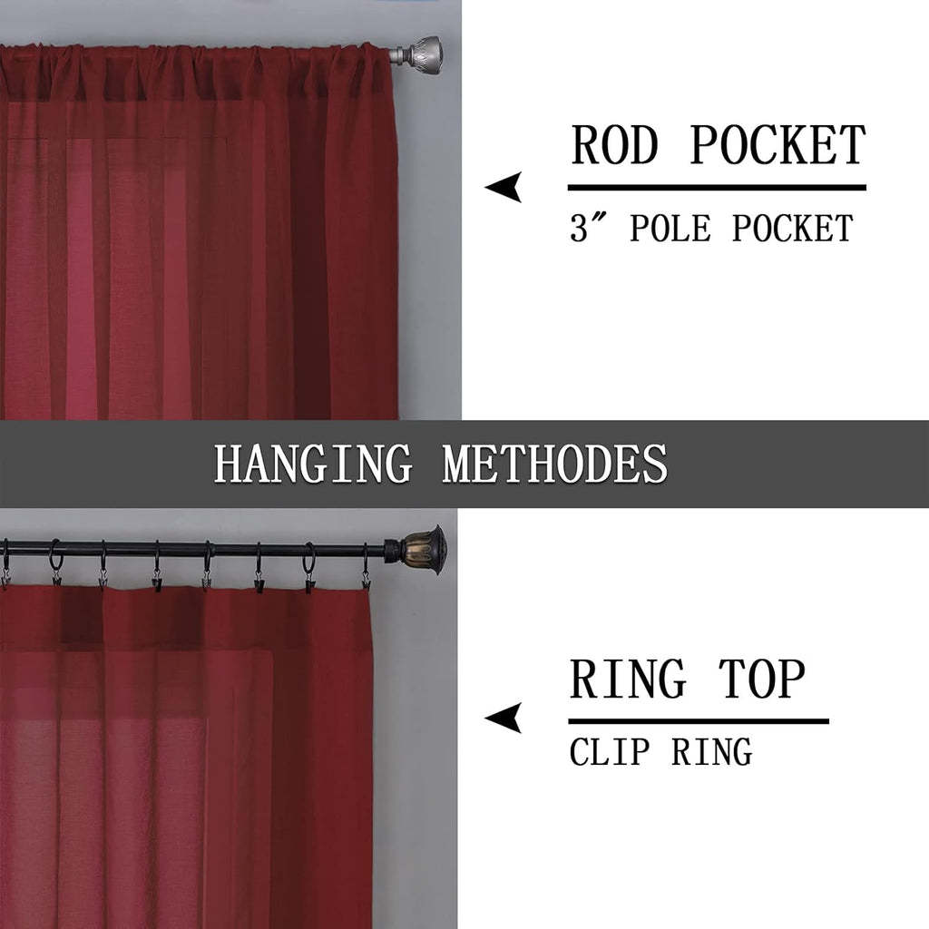 Tollpiz Sheer Curtains Bedroom Linen Textured Curtain Sheers Light Filtering Voile Rod Pocket Curtains for Living Room, 38 x 84 inches Long, Burgundy Red, Set of 2 Panels
