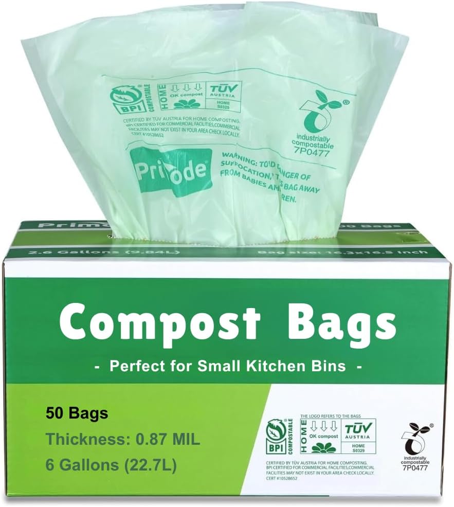 Primode Compostable Bags 6 Gallon Food Scraps Yard Waste Bags, 50 Count, Extra Thick 0.87 Mil. ASTMD6400 Compost Bags Small Kitchen Trash Bags, Certified By BPI And TÜV AUSTRIA
