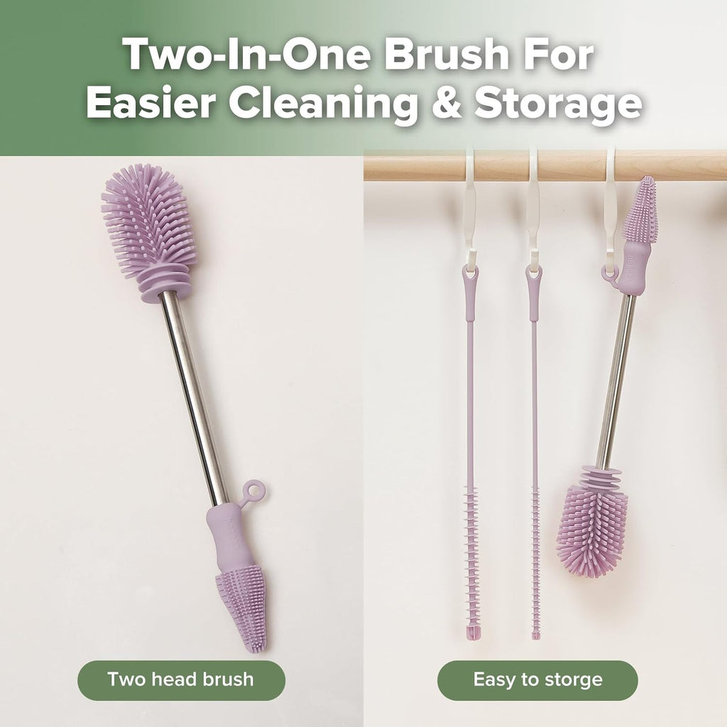 haakaa Silicone Cleaning Brush Kit - Baby Bottle Brush Cleaner for Breast Pump,Nipple,Breast Milk Storage Bag,Reusable Straw,Sippy Cup - Food Grade Silicone Bristles, Portable - 3 Pcs - Lavender