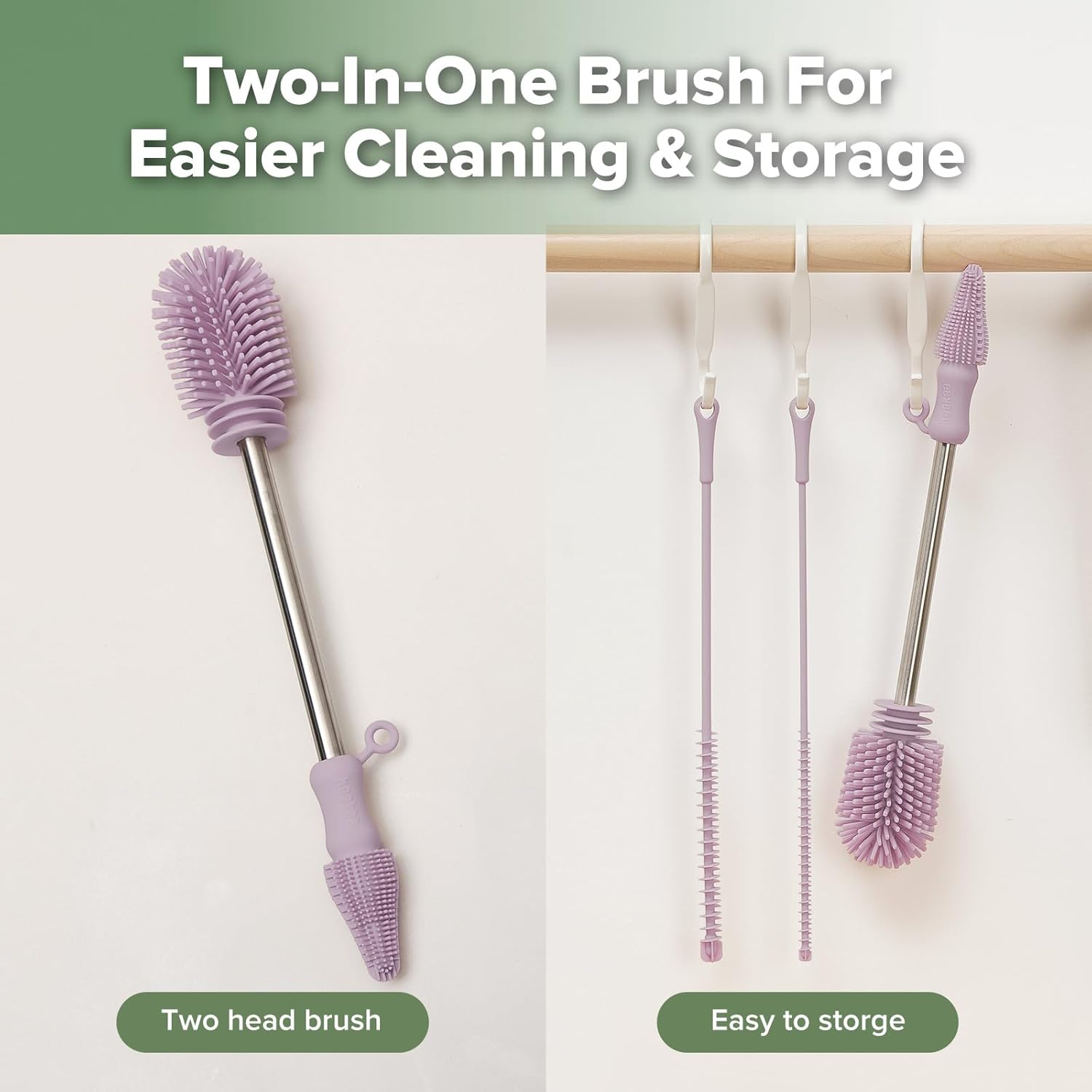 haakaa Silicone Cleaning Brush Kit - Baby Bottle Brush Cleaner for Breast Pump,Nipple,Breast Milk Storage Bag,Reusable Straw,Sippy Cup - Food Grade Silicone Bristles, Portable - 3 Pcs - Lavender