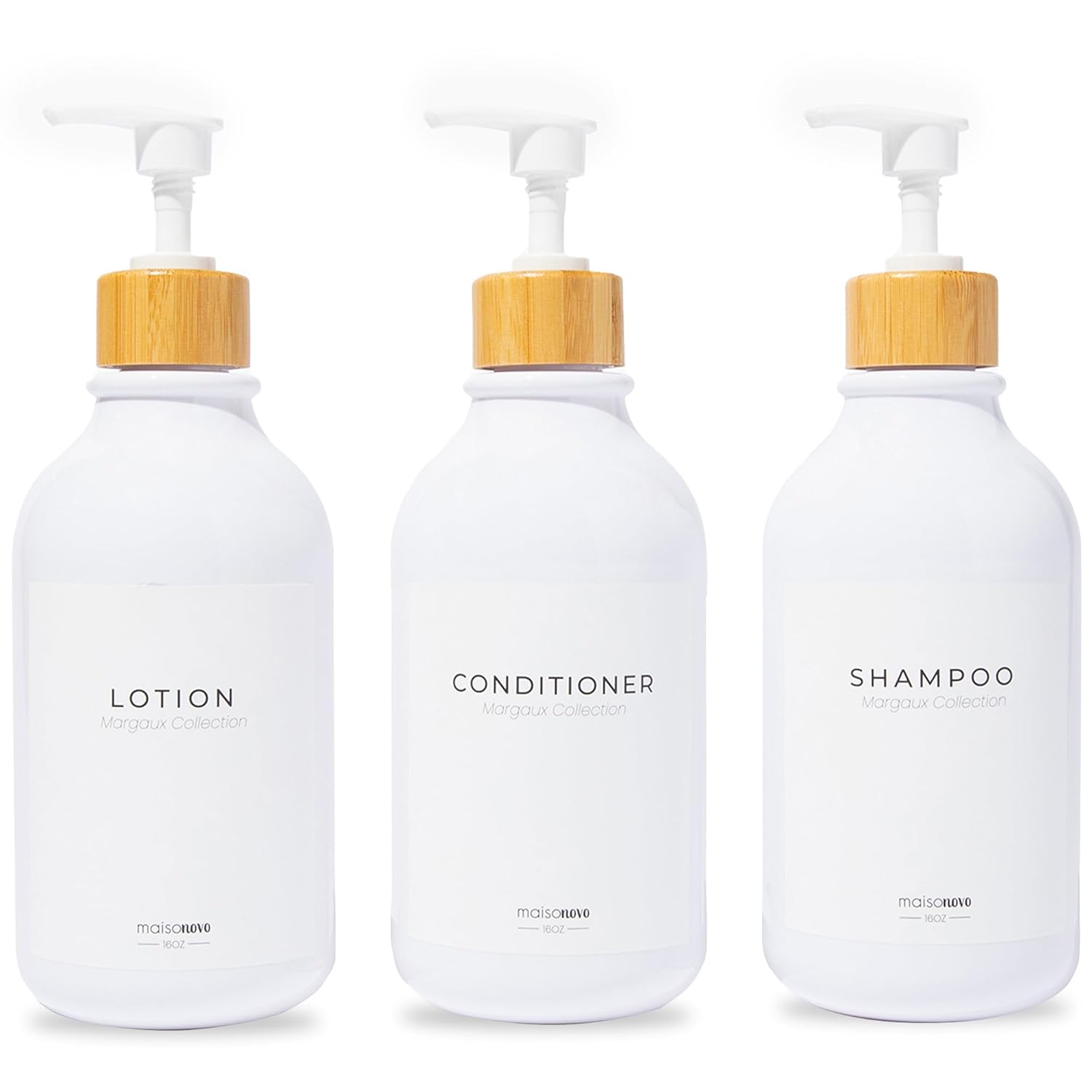 MaisoNovo Refillable Shampoo and Conditioner Bottles | 16.9 fl oz Set of 3 White Plastic Bottles White Bamboo Pumps