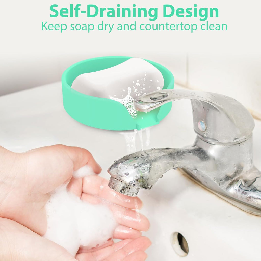 Self Draining Soap Dish, Silicone Suction Cup Soap Holder Tray Savers Container Sponge Holder for Bar Bathroom Shower Kitchen Sink, Can Extend Soap Life (2, Cyan)