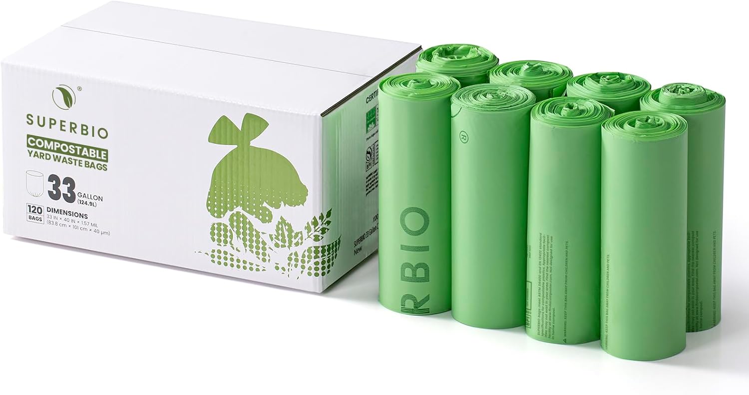 SUPERBIO 33 Gallon Compostable Yard Waste Bags, Lawn & Leaf Bags, Extra Thick 1.57 Mil (120 Count Bulk), BPI and OK compost INDUSTRIAL