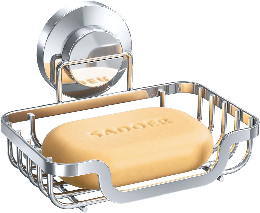 LEVERLOC Soap Dish, Soap Bar Holder for Shower Suction Cup Wall Mounted, Stainless Steel No-Drilling Removable Waterproof Sponge Holder for Bathroom Bathtub Kitchen Sink, Keep Dry, Silver