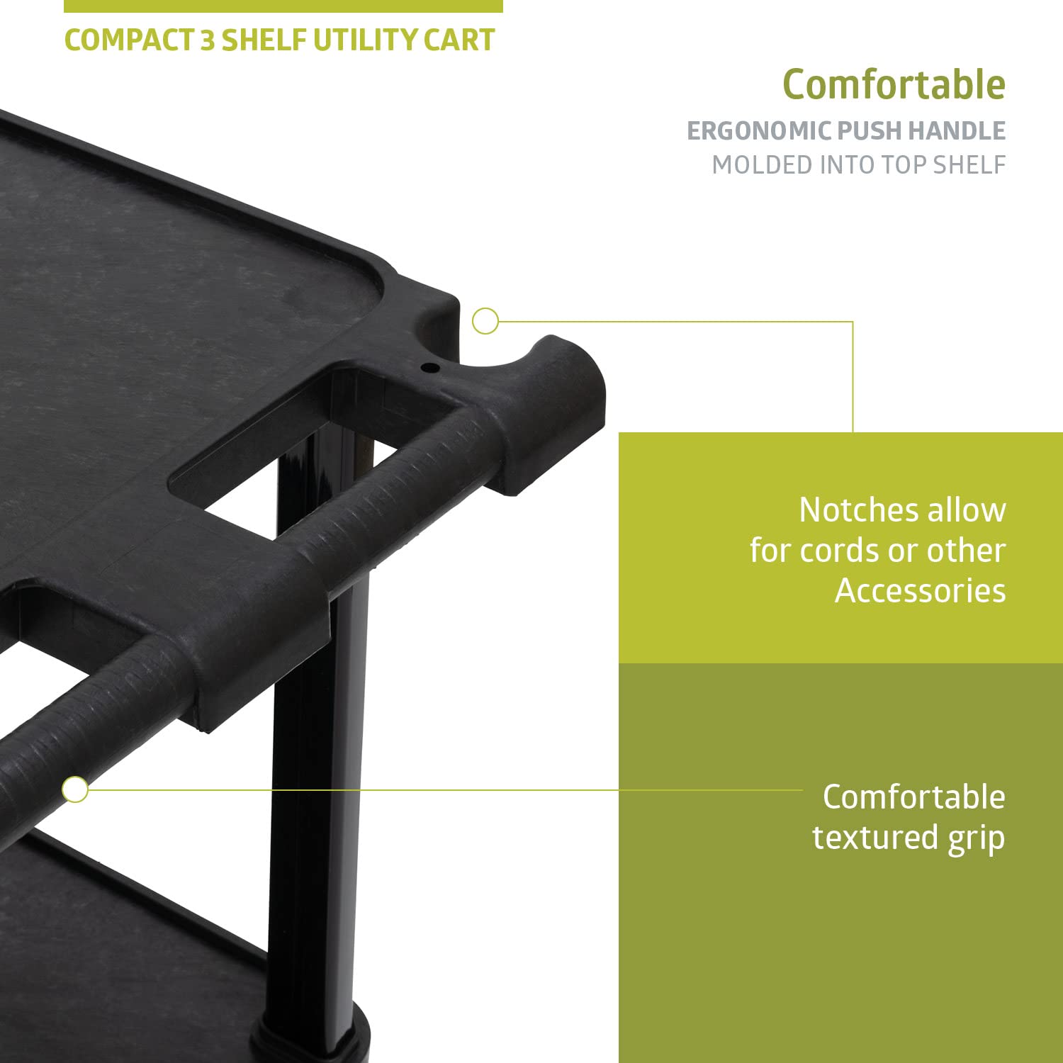 Pearington 3-Tier Compact Multi-Purpose Plastic Utility Cart with Lockable Wheels up to 300LBS, Black