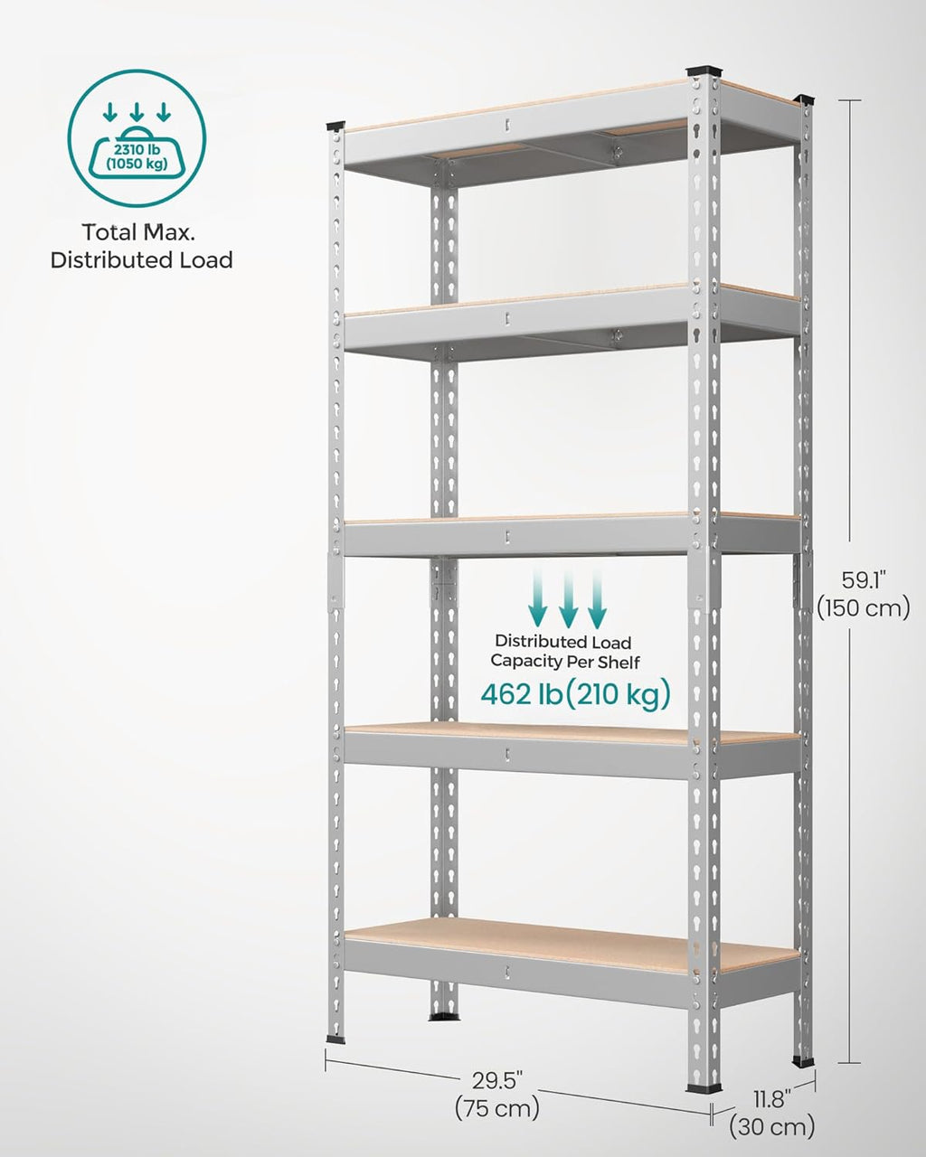 SONGMICS 5-Tier Storage Shelves, Load 2310 lb, Set of 2 Garage Storage, Boltless Assembly, Adjustable Shelving Unit, 11.8 x 29.5 x 59.1 Inches, for Study Shed Basement, Silver UGLR300E02