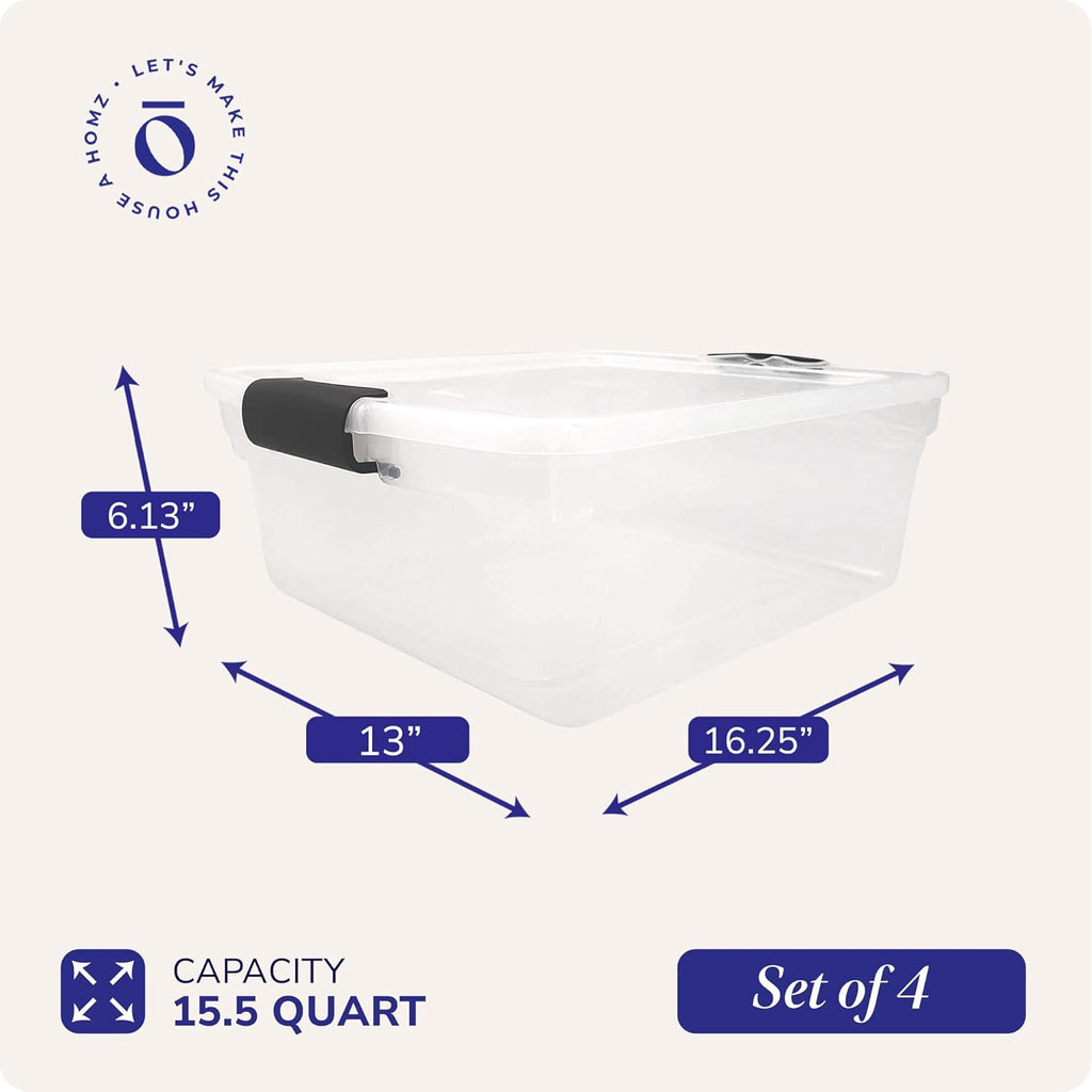 HOMZ 4-Pack Latching Lid, Clear Plastic Storage Organizer Bins, 15.5 Quart, Gray Latch - Stackable Organizing Containers for Home, Garage, and Office