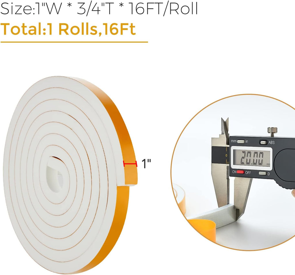 16 Feet Weather Stripping Door Seal, 1" Wide X 3/4" Thick Door Seal Strip High Density Foam Tape Adhesive Strip for Door Soundproofing,Window Insulation (1" x 3/4" x 16FT,White)