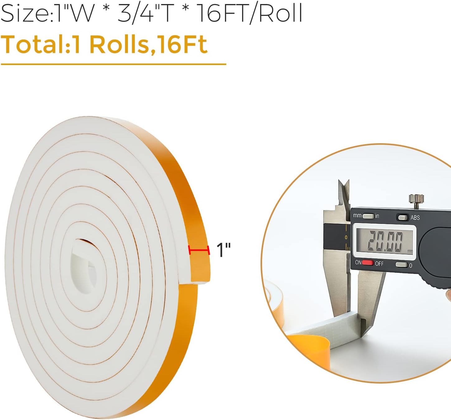 16 Feet Weather Stripping Door Seal, 1" Wide X 3/4" Thick Door Seal Strip High Density Foam Tape Adhesive Strip for Door Soundproofing,Window Insulation (1" x 3/4" x 16FT,White)