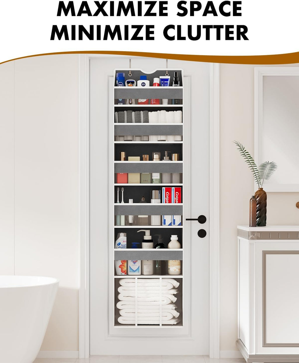 Over The Door Organizer Hanging - 6 Shelf Over Door Organizers with 6 Clear Front & 12 Side Pockets - Swing-proof 50LB Load Behind Door Storage for Closet Bedroom Bathroom Nursery Baby Essentials