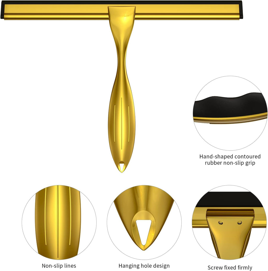 14-Inches Stainless Steel Shower Squeegee Set, Include Shower Door Hook, Adhesive Hook and Spare Silicone Blade, Window Squeegee for Shower Glass Door, Bathroom, Mirror, Window and Car Glass