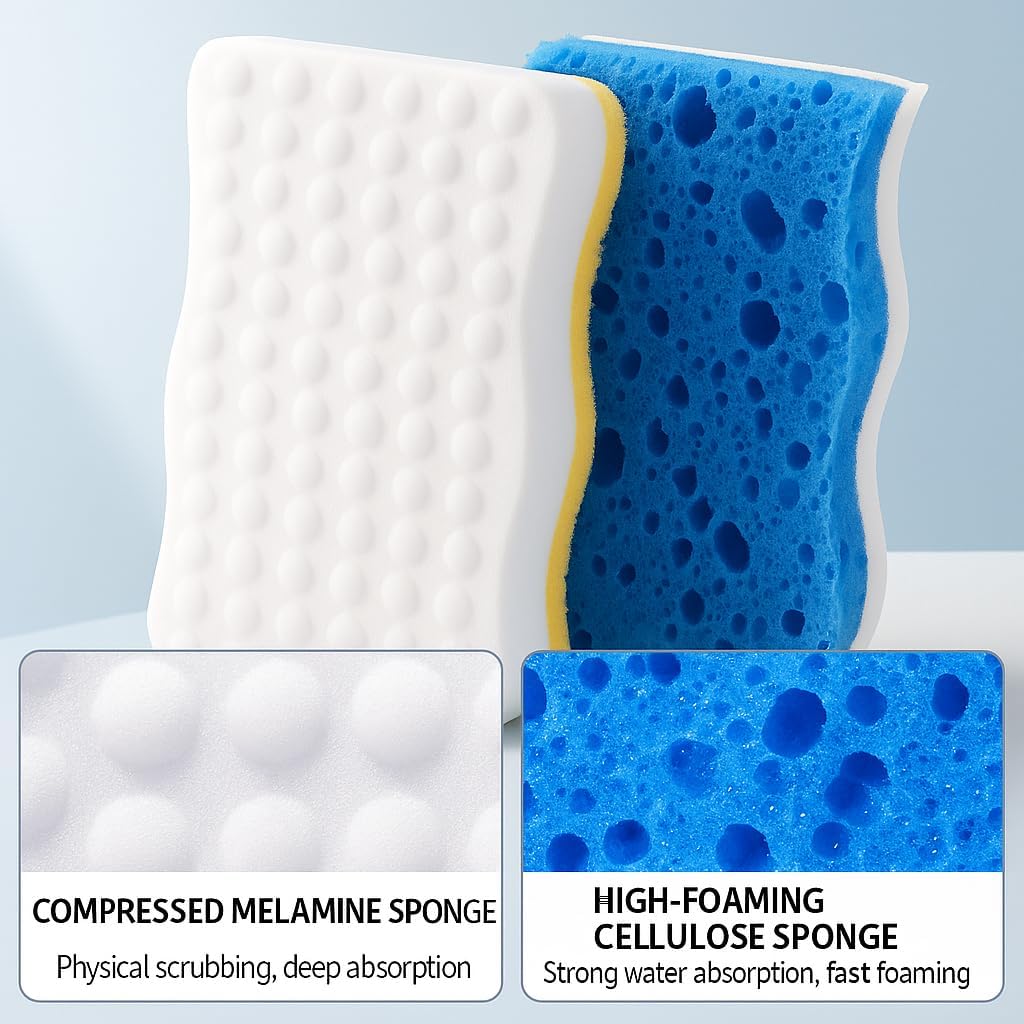 Ampang Wave-Shaped Scrub Sponges for Kitchen Cleaning - Nano Sponge & High-Foam Seaweed Cotton, Non-Scratch, Dishwasher Safe, Ideal for Washing Dishes & Daily Household Tasks (5, Blue)