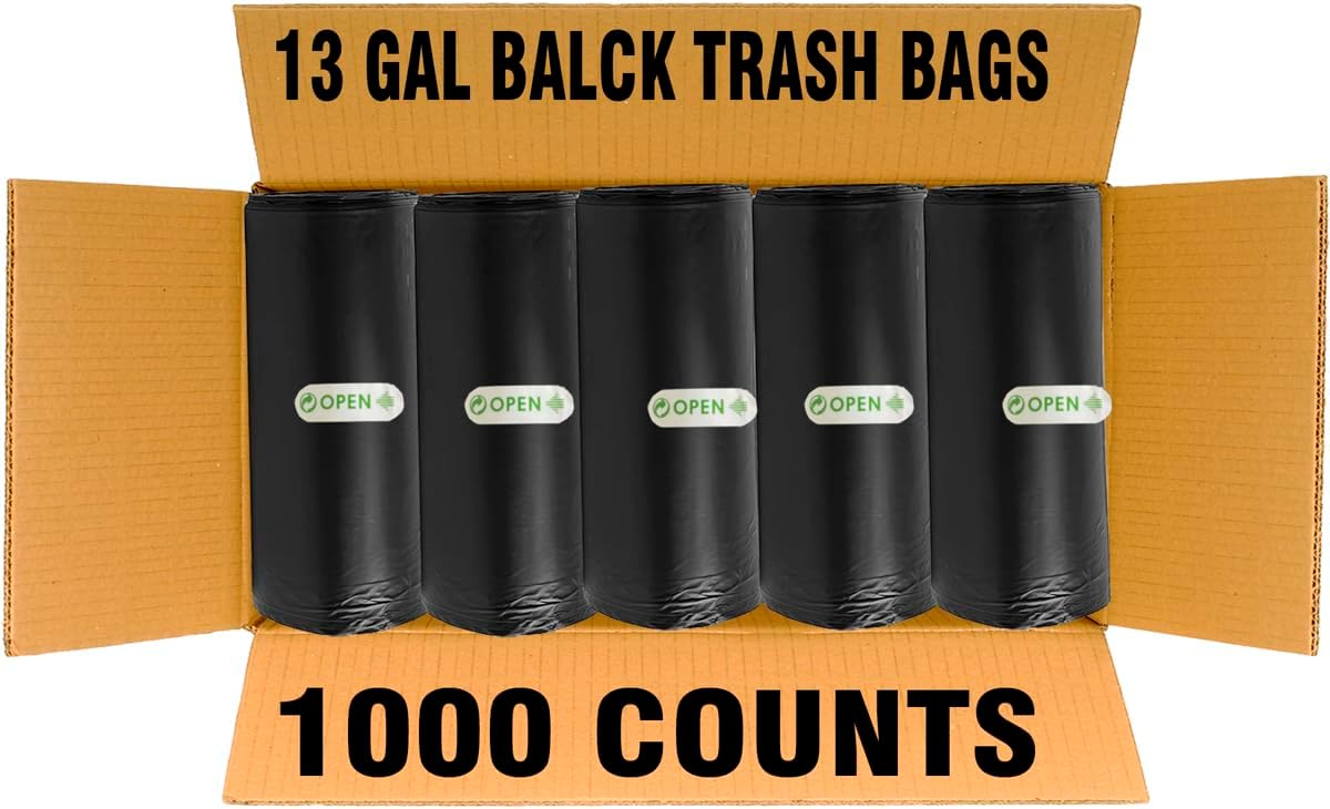 13 Gallon Trash Bags, 1000 Count Bulk Value Pack, Black Tall Kitchen Garbage bags, Multi-purpose Trash Can Bin Liners for Bathroom, Office, Industrial, Commercial, Janitorial, Municipal, Recycling