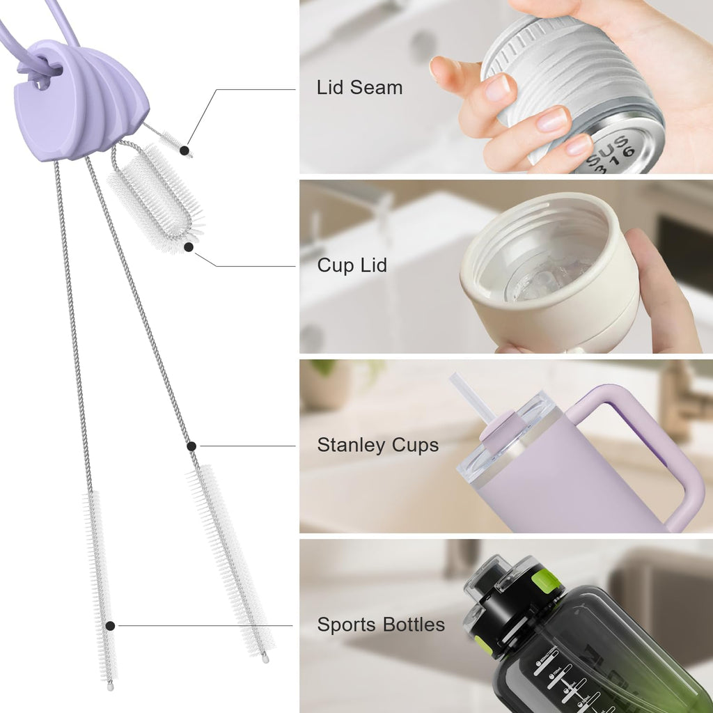 YOTIME Standing Straw Cleaner Brush Set, 4in1 Reusable Straw Brushes with Holder Ring, for Wide and Narrow Straws, Tumblers, Water Bottles and Cups, Purple