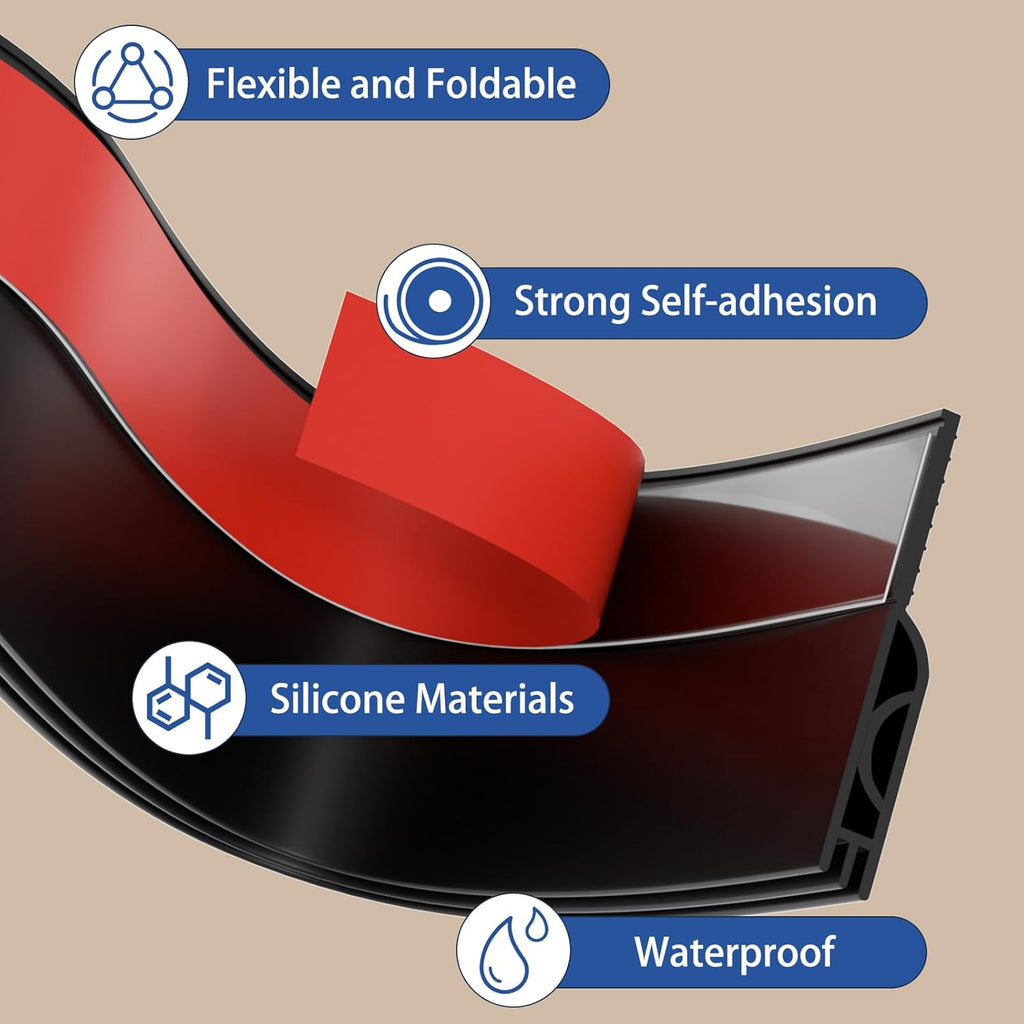 Under Door Draft Stopper, Self-Adhesive Door Sweep for Bottom of Door, Weather Stripping Doors Seal Soundproofing Insulation Strip, Doors Bottom Gap Blocker for Exterior/Interior (2M, Black)