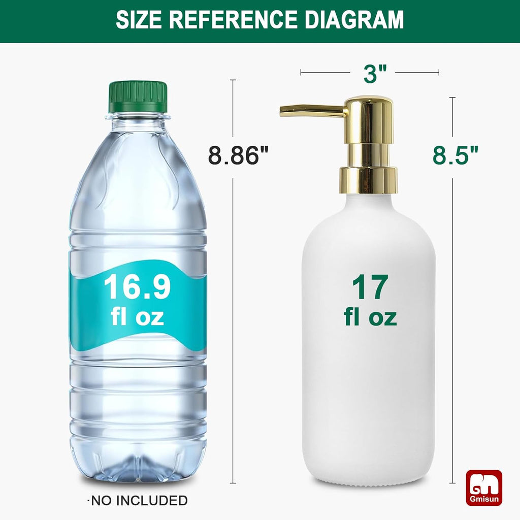 GMISUN White Soap Dispenser, 2 Pack Glass Hand Soap Dispensers Bathroom with Gold Pump, 17 Fl Oz Dish Soap Dispenser Set for Kitchen, Refillable Modern Liquid Soap and Lotion Dispensers Bottle
