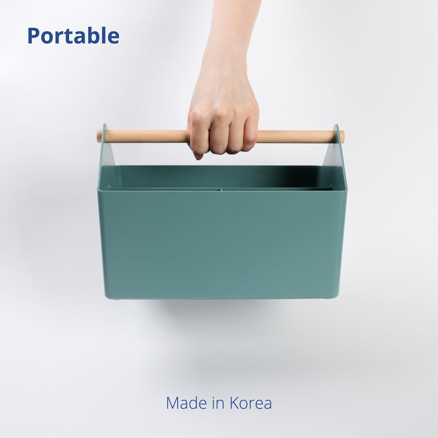 BLUE GINKGO Medium Storage Basket – Plastic Caddy with Wooden Handle for Office, Arts & Crafts, or Home Supplies (Green)