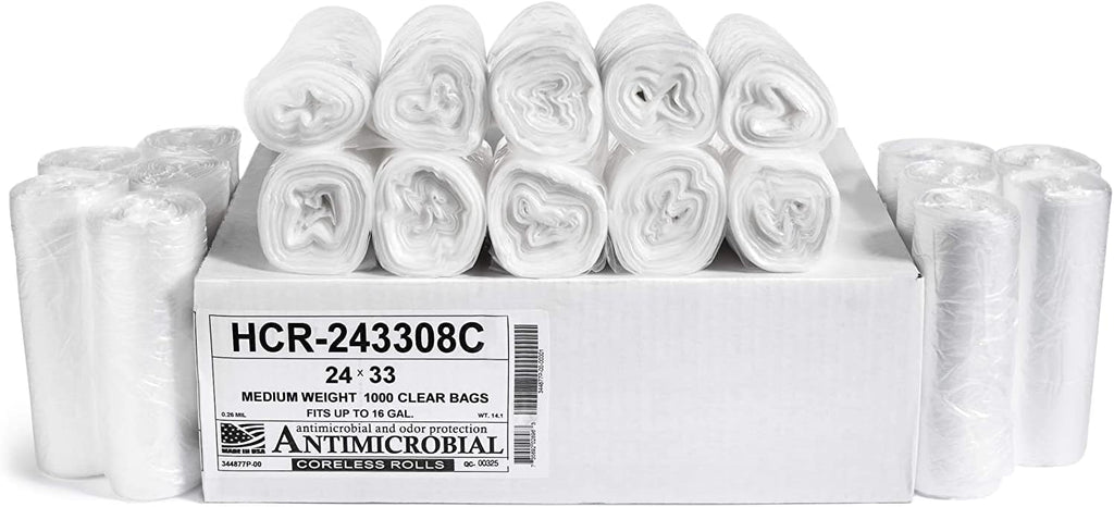Aluf Plastics - 12-16 Gallon Clear Trash Bags - 24" x 33"- 8 Micron Equivalent High Density Value Garbage Bags for Bathroom, Office, Industrial, Commercial - (1 Pallet of 100 Cases, 10000 Bags Total)
