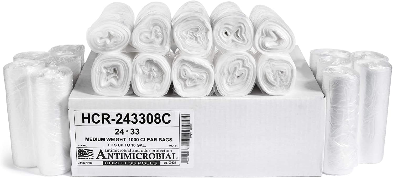 Aluf Plastics - 12-16 Gallon Clear Trash Bags - 24" x 33"- 8 Micron Equivalent High Density Value Garbage Bags for Bathroom, Office, Industrial, Commercial - (1 Pallet of 100 Cases, 10000 Bags Total)
